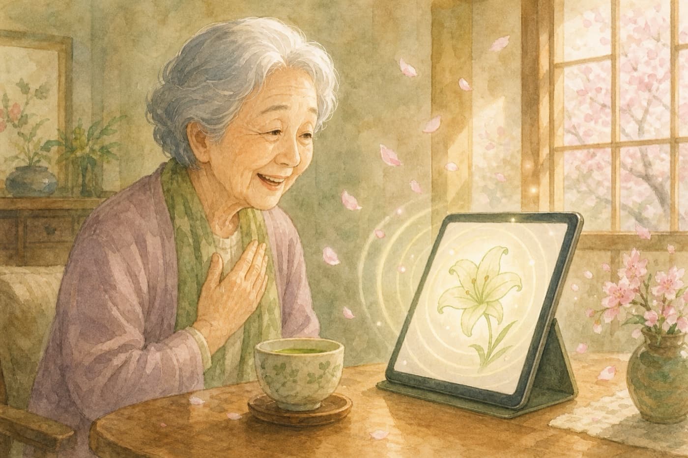 タブレットに光るリリーの花と、あたたかくお話しするお年寄り