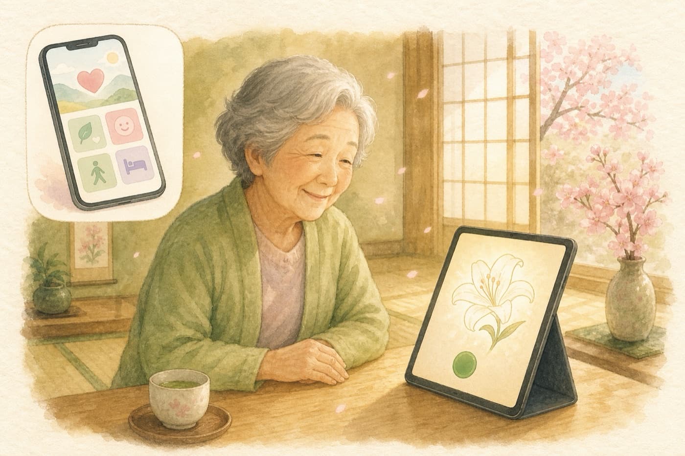 タブレットのリリーの花にほほえむお年寄りと、ご家族用の見守り画面
