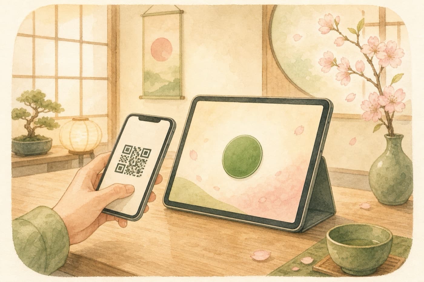 タブレットのとなりで、QRコードを表示したスマホ