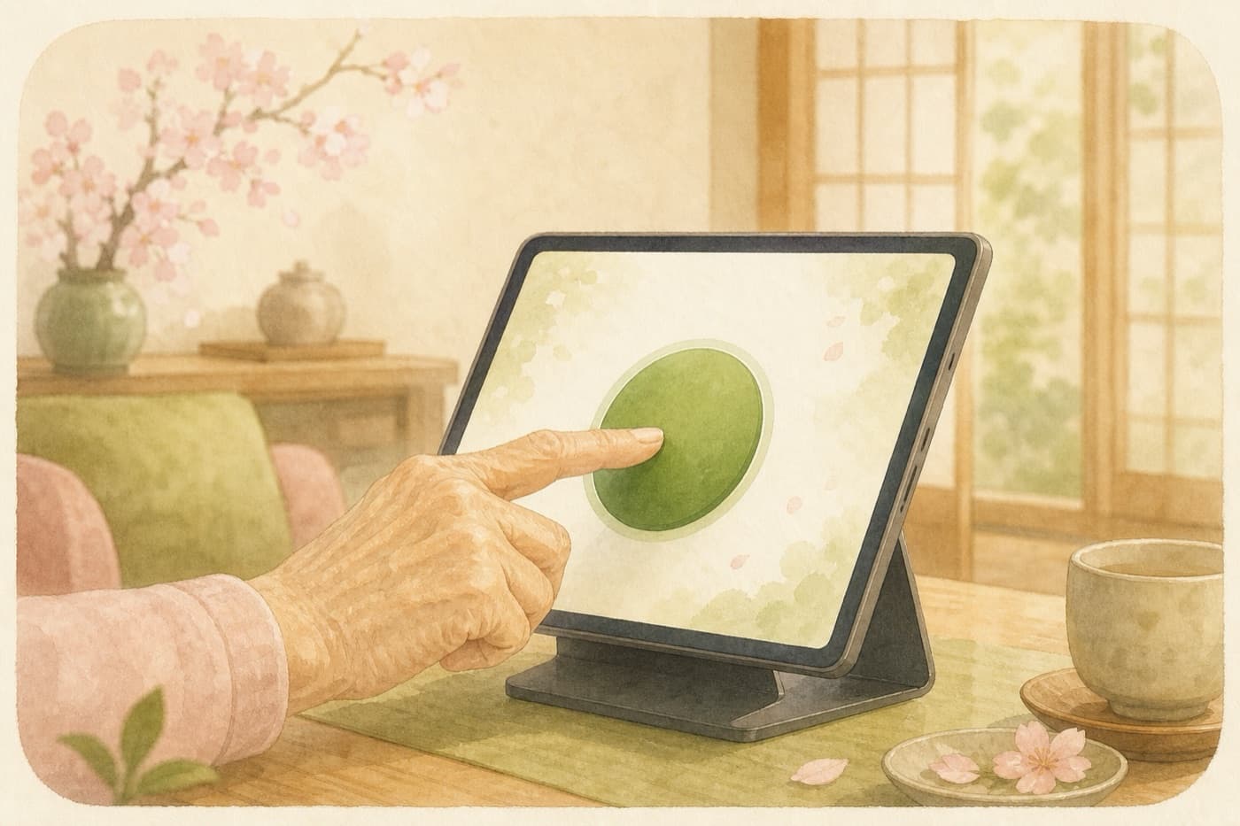 タブレットの大きな丸いボタンを押すお年寄りの手