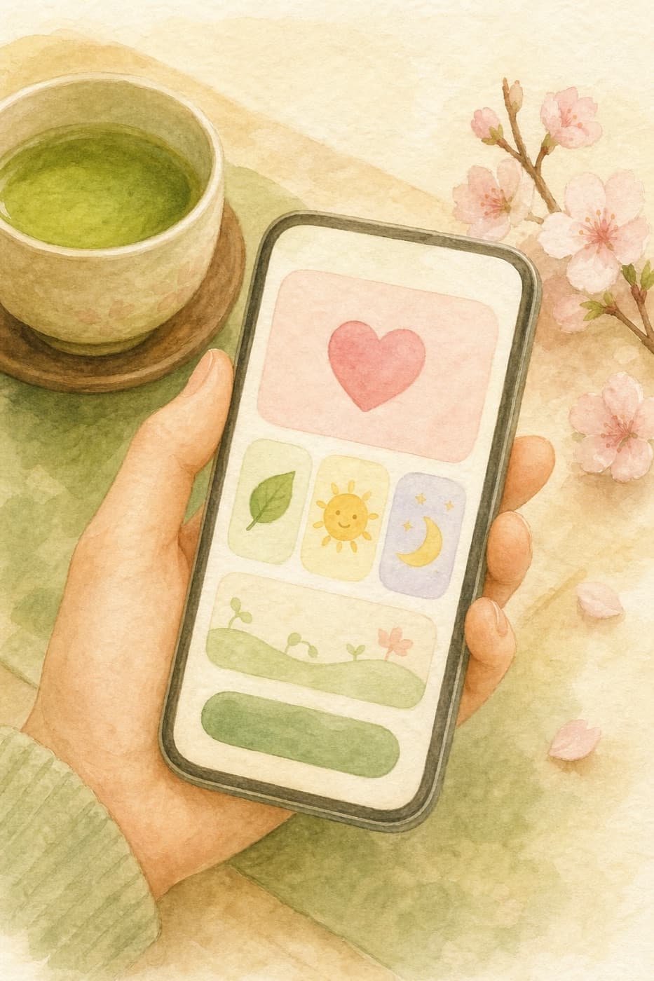 スマホに表示された、おだやかな見守り画面を手に持つようす